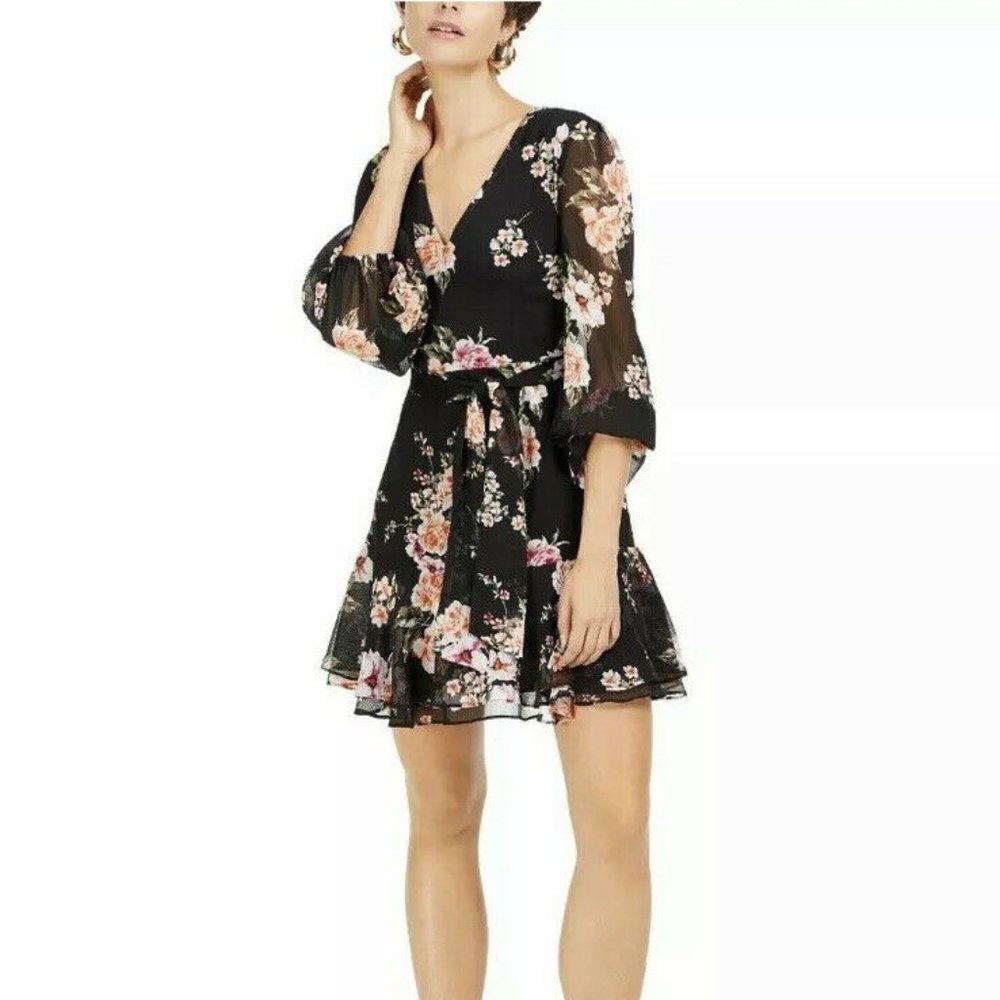 Bar III Black Floral Print Blouson Sleeve Fit & Flare Dress V Neck